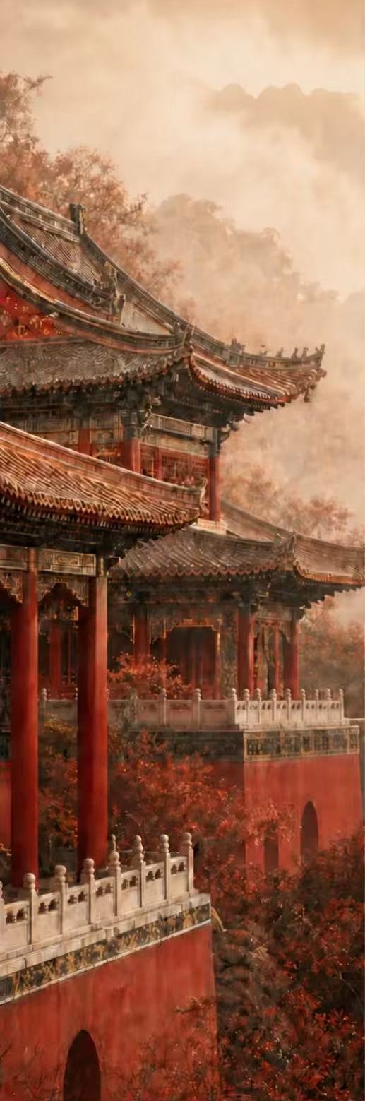 Red temple pavilions in autumn mist