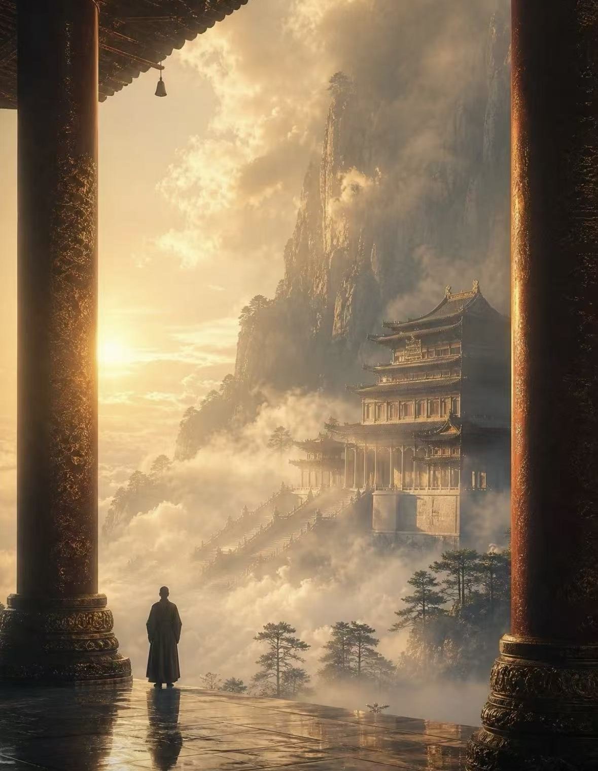 Golden sunrise over a cliff temple in the mountains